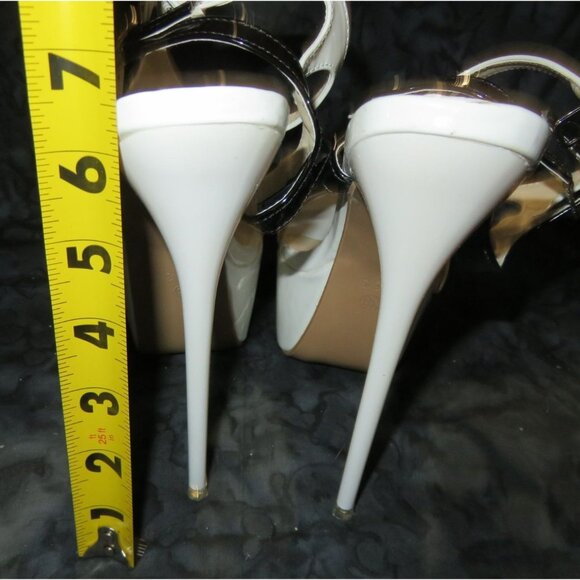 LEBE Ultra high White & Black vegan patent leather strappy stilettos 38 or US 8 - Picture 5 of 12